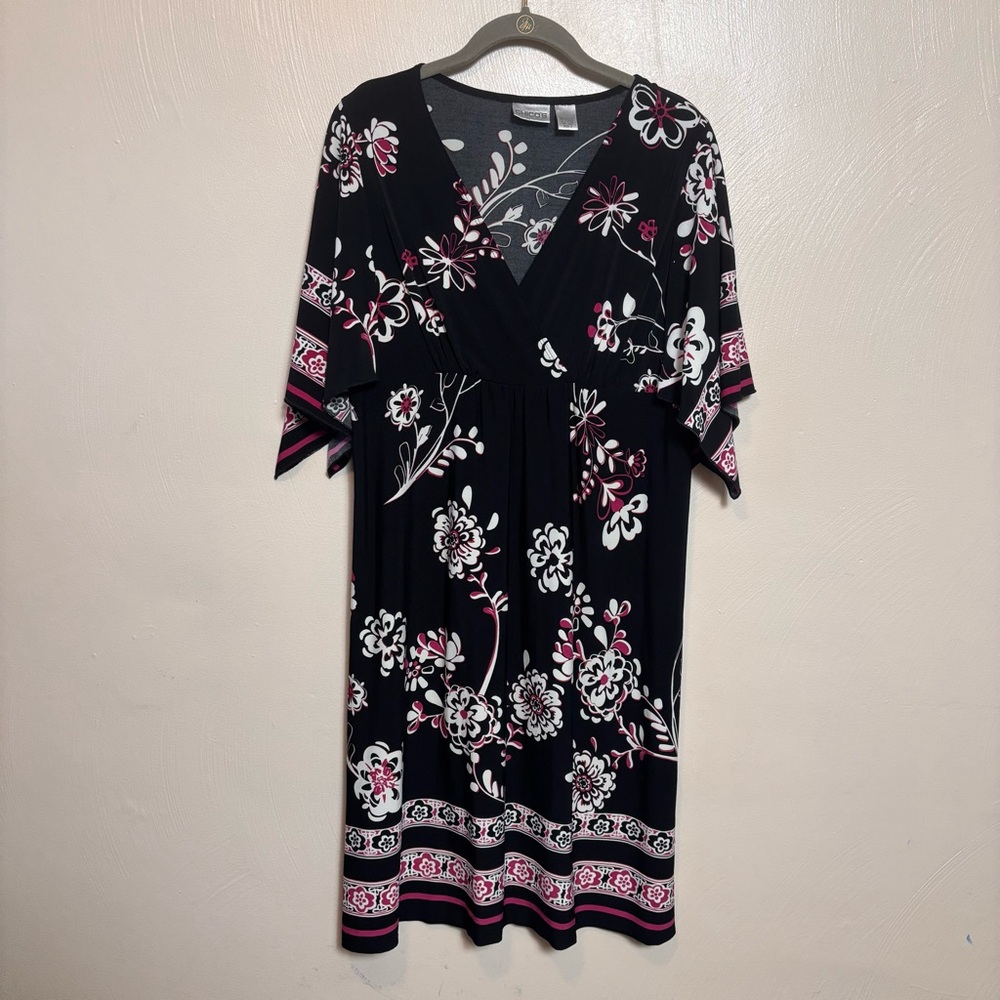 Chico’s Women Dress Kimono Sleeve V-Neck‎ Floral Black Pink White Large Size 2